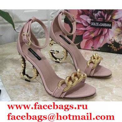 Dolce & Gabbana Heel 10.5cm Leather Chain Sandals Light Pink with Baroque D & G Heel 2021